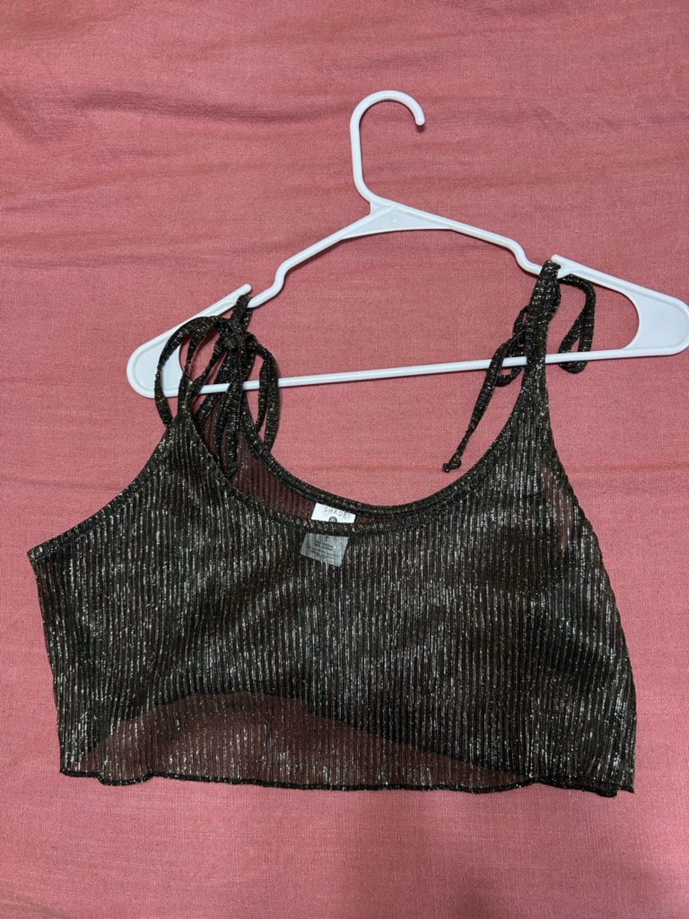 Sheer Metallic Black Crop Tank Top with Tie Straps